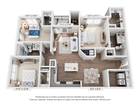 Floor plan for 3 beds, 2 baths, 1411 sqft